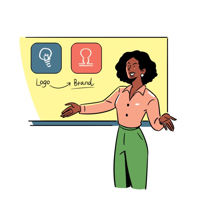Illustration of a woman presenting logo and brand icons on a yellow board.