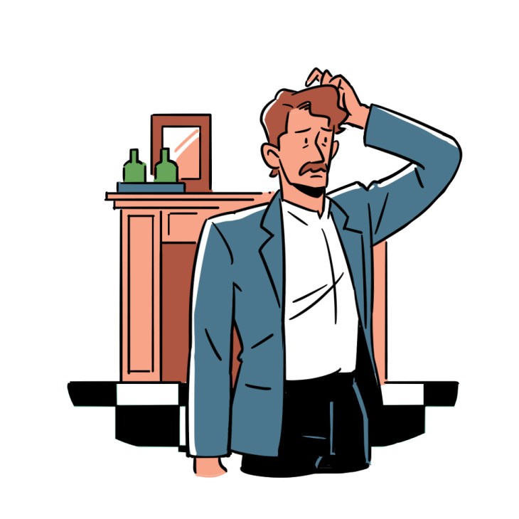 Illustration of a worried man in business attire with hand to head inside an office.