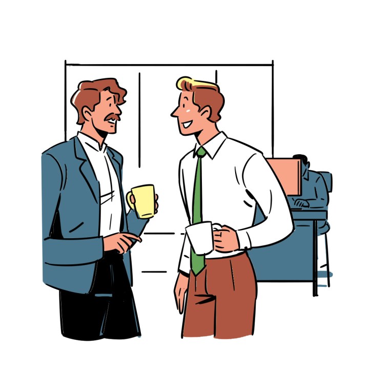Illustration of two businessmen having a conversation in an office, one holding a coffee cup.