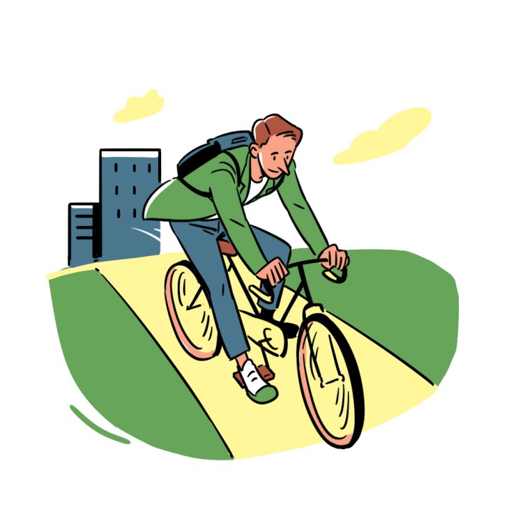 Illustration of a man in a green jacket riding a bicycle past buildings with yellow clouds in the sky.