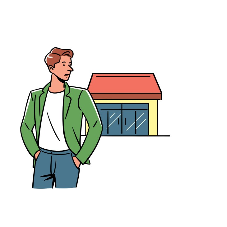Illustration of a man in a green jacket standing in front of a small storefront building.