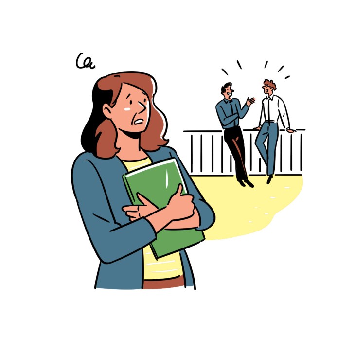 Illustration of a worried woman holding a green folder with two men conversing in the background.