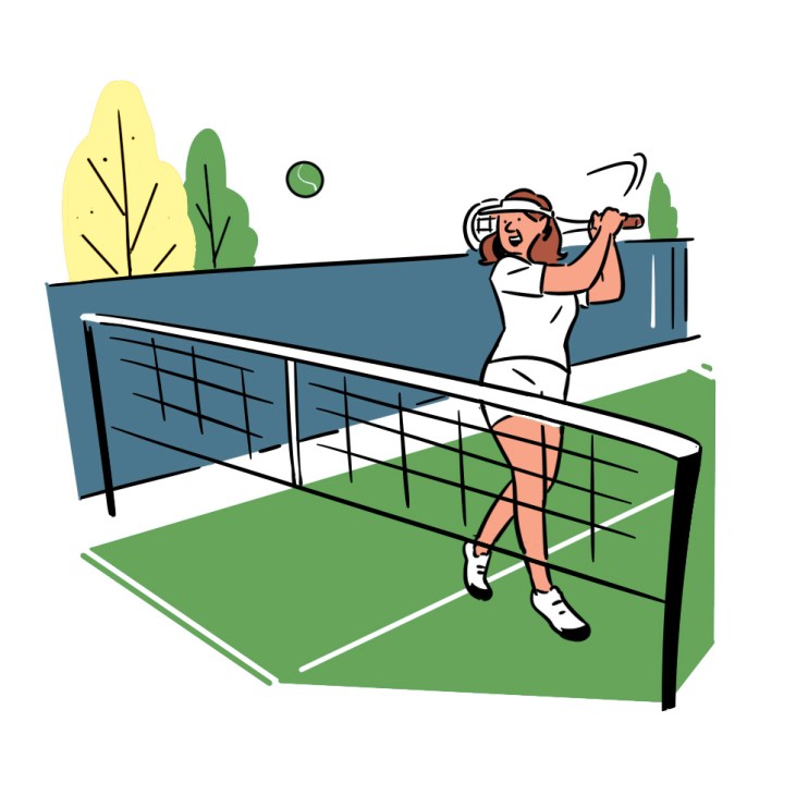 Illustration of a woman playing tennis outdoors on a court with trees in background.