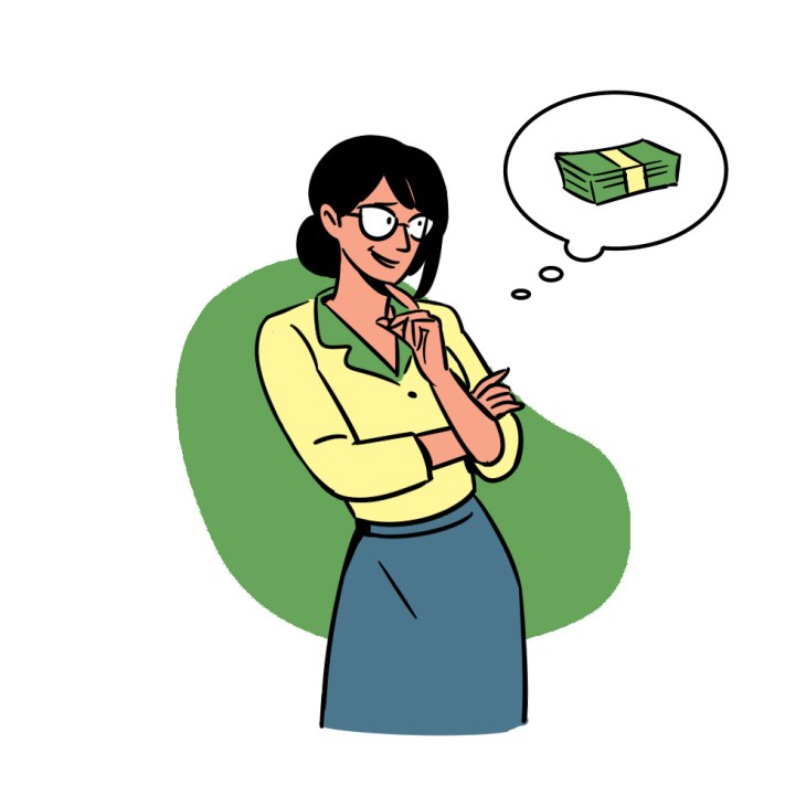 Illustrated woman in yellow shirt thinking about money, representing financial motivation in business.