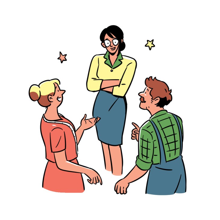 Illustration of three people in business casual clothing having a conversation with stars around them.