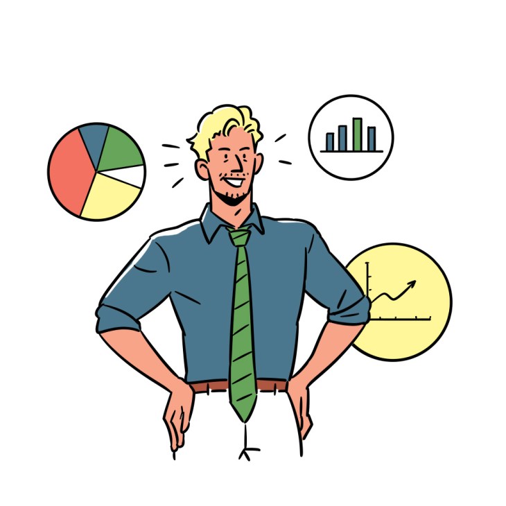 Illustration of a smiling man in business attire surrounded by financial charts and graphs.