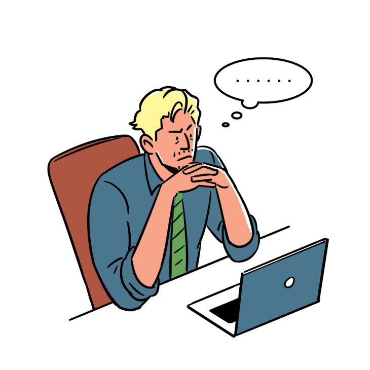 Illustration of a man in business attire sitting at a desk with a laptop, looking contemplative with a thought bubble.
