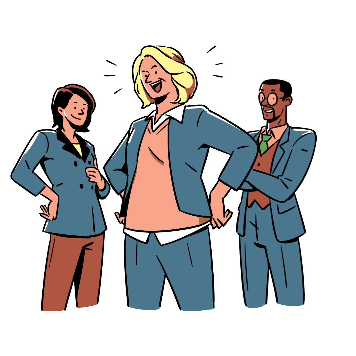 Illustration of three smiling business professionals in blazers celebrating success together.