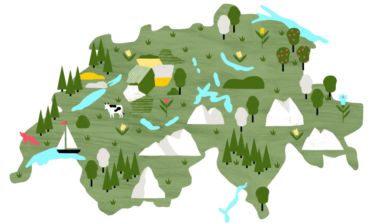 Illustrated map of Switzerland showing mountains, trees, lakes, farms and food symbols across different regions