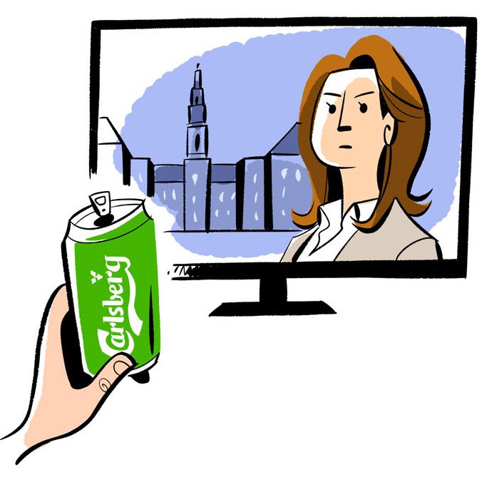 Woman with brown hair in business attire on television screen with hand holding green Carlsberg beer can in foreground