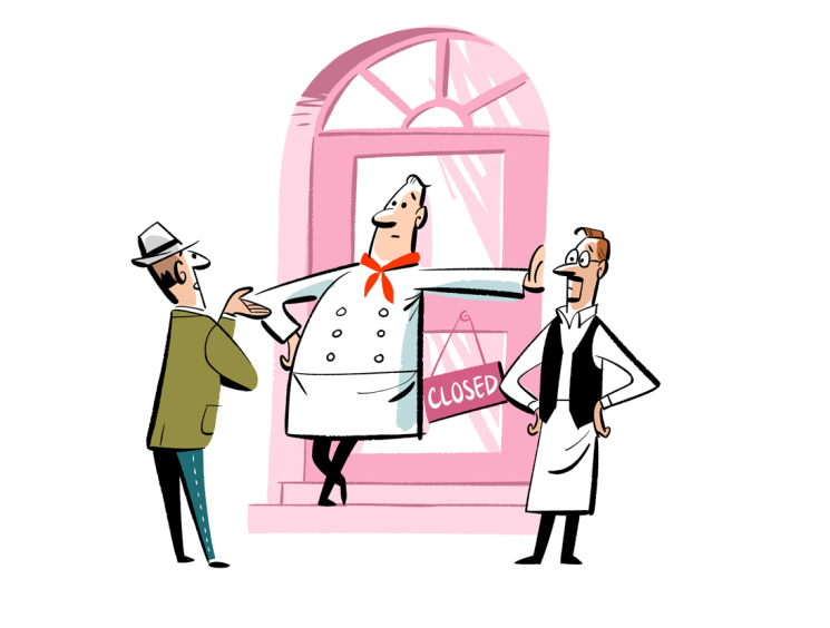 Retro illustration of a chef and two men outside a restaurant.