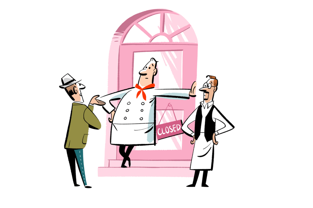 Chef in white uniform and hat holding closed sign outside pink restaurant with disappointed customers waiting