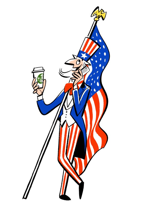 Uncle Sam character in patriotic clothing holding coffee cup and American flag representing renewed US global engagement