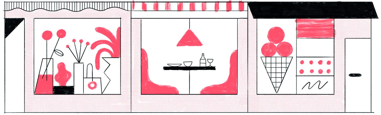 Illustration of three storefront windows with pink and black minimalist designs featuring flowers, dining setup, and shopping basket.