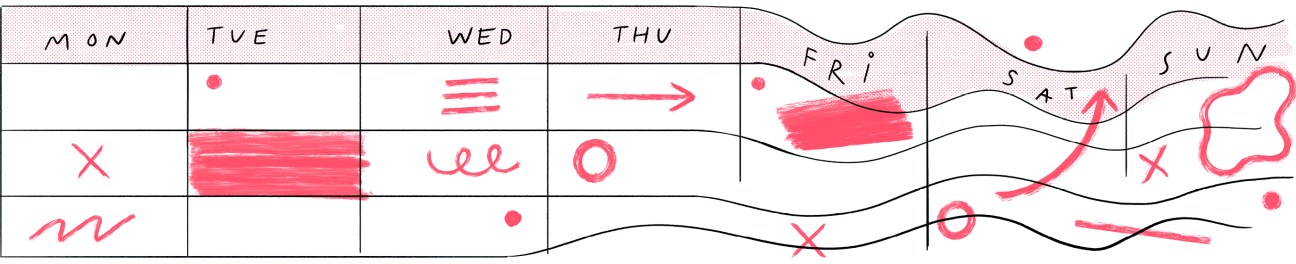 Hand-drawn weekly calendar grid with pink marker marks and wavy lines illustrating flexible work scheduling.