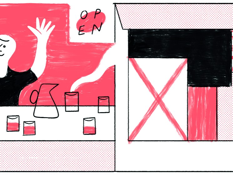 Illustration of two people at a counter with food and drinks, and a storefront with an X marking closed business.