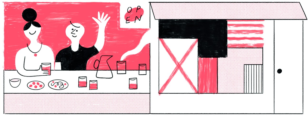 Illustration of two people at a counter with food and drinks, and a storefront with an X marking closed business.