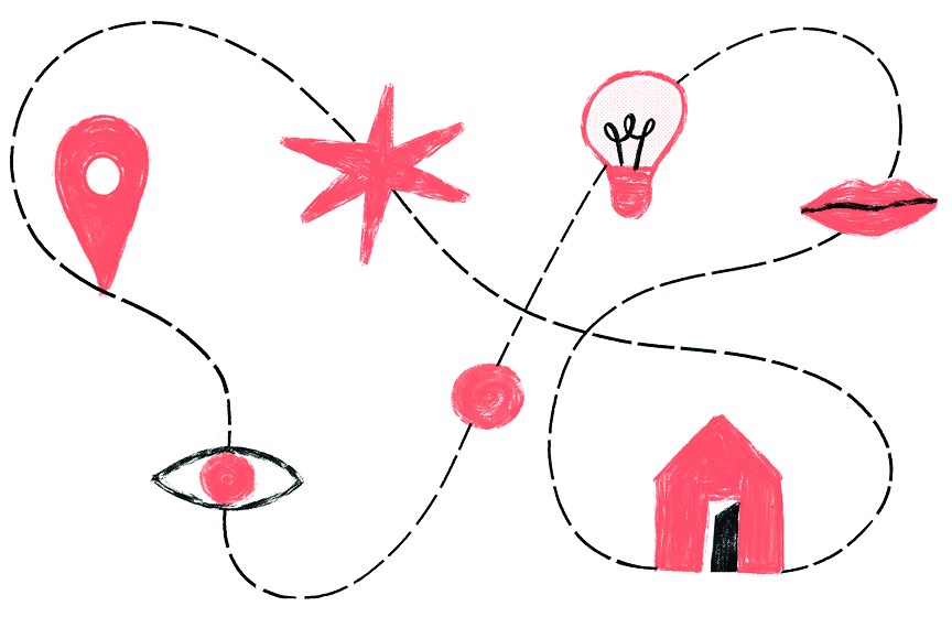 Illustration showing interconnected icons representing business concepts including location pin, star, lightbulb, eye, lips, and a house.