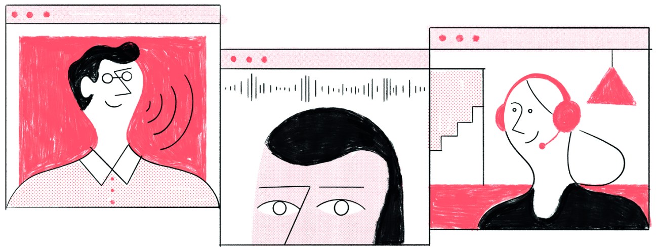 Illustration of a person wearing glasses with sound wave lines and acoustic visualization elements in pink and black.