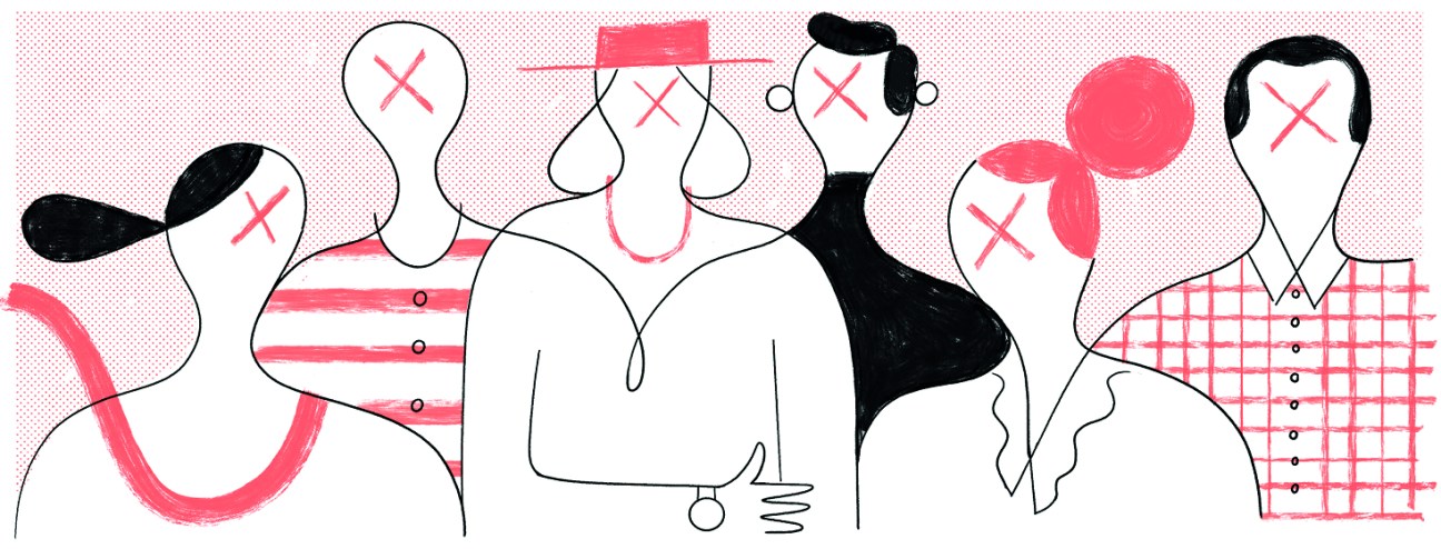 Illustration of stylized figures with X marks for faces in pink, black and white.