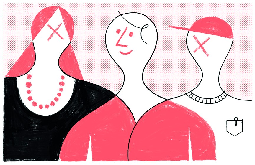 Illustration of three stylized female figures with simple faces and bold pink and black clothing against a dotted background.