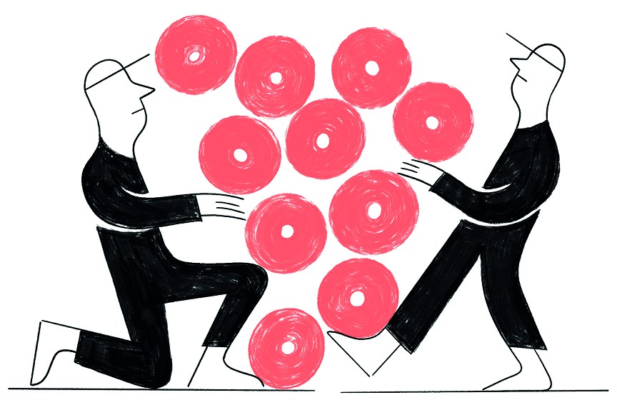 Illustration of two figures in black clothing arranging pink circular discs against a white background.