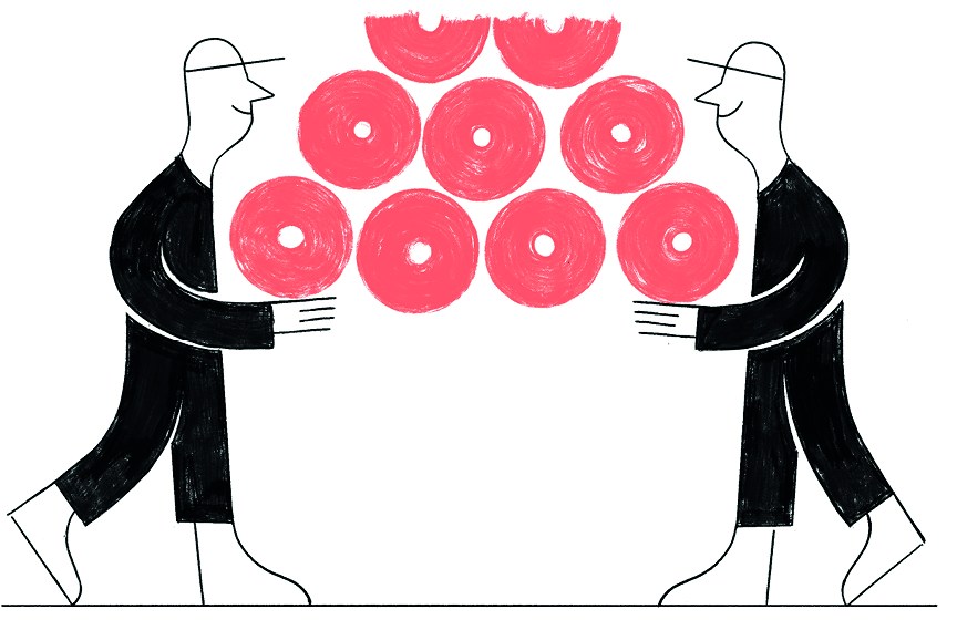 Illustration of two figures in business attire exchanging red vinyl records.