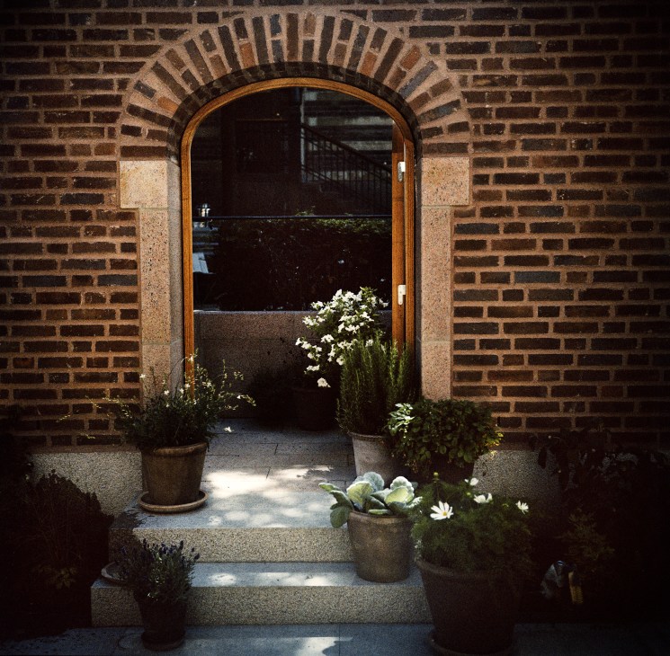Stone archway entrance with brick surroundings leading to courtyard with potted plants on stone steps