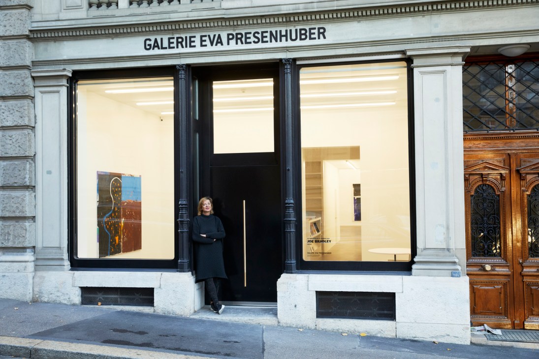 Eva Presenhuber standing in the doorway of her gallery storefront