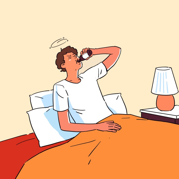 Illustration of a person sitting at a desk with headphones, holding a bottle to their mouth, with a halo above their head and a lamp nearby.
