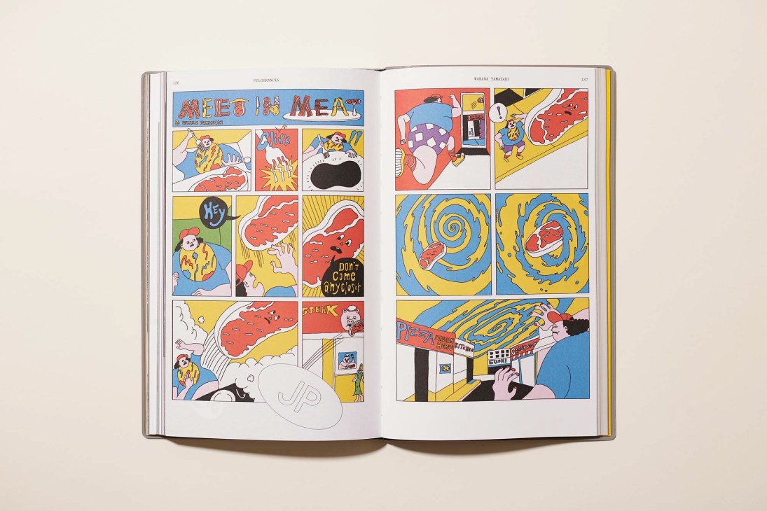 Fulgurances magazine spread featuring colorful comic illustrations about meat by Wakana Yamazaki.