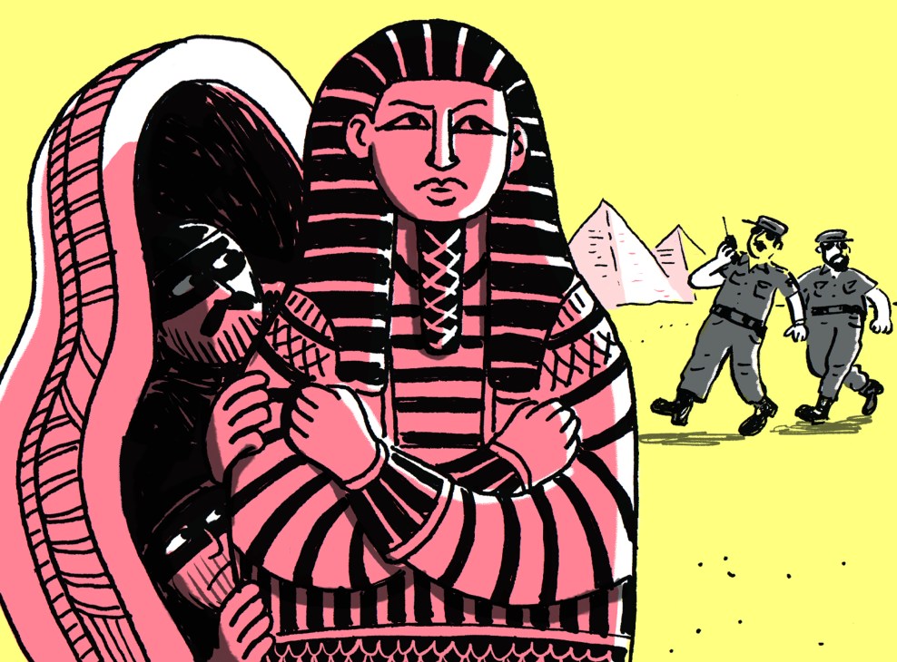 Illustration of Egyptian pharaoh sarcophagus with pyramids and police officers in background