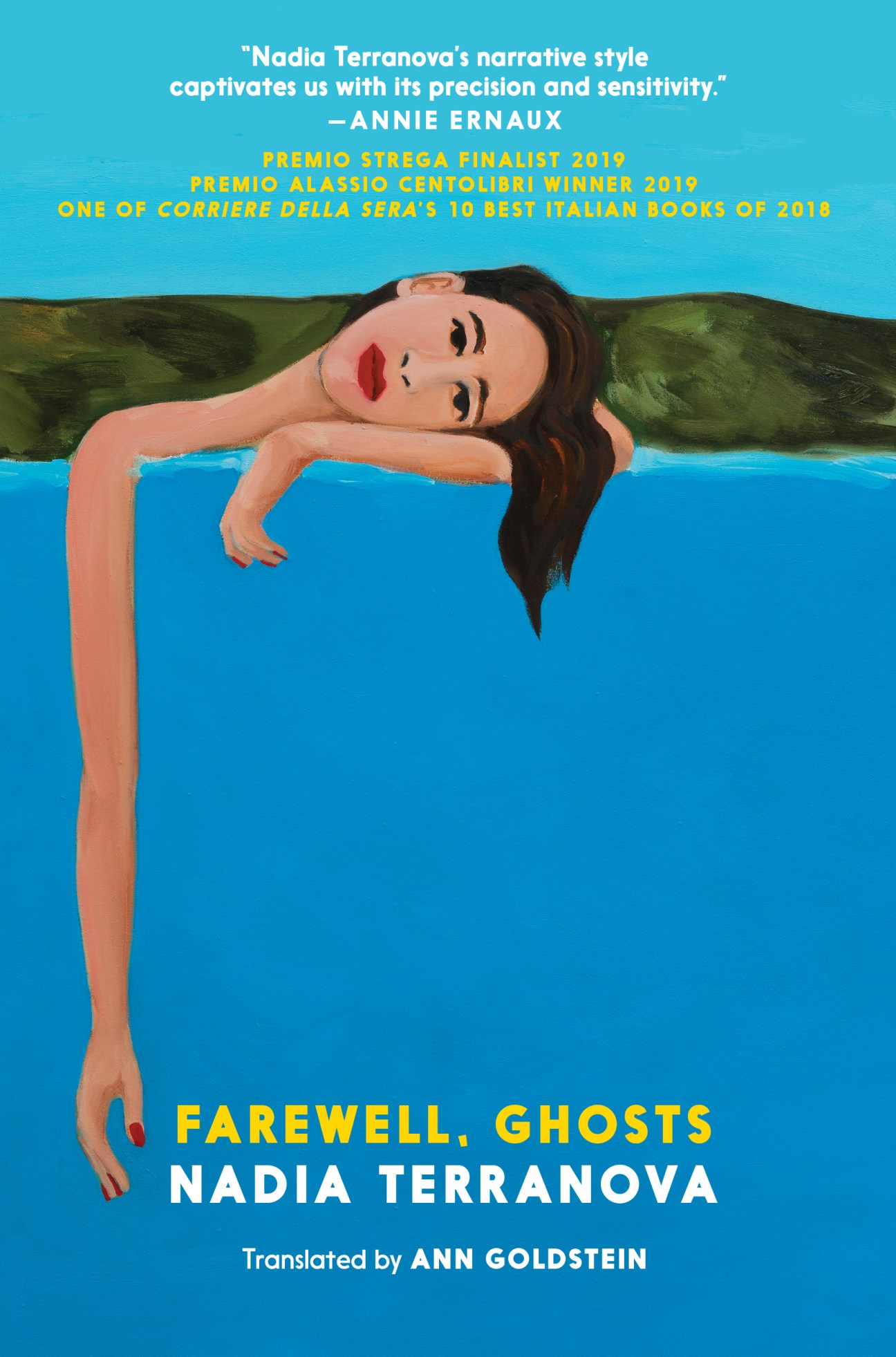 Book cover of Farewell, Ghosts by Nadia Terranova showing a woman floating in blue water