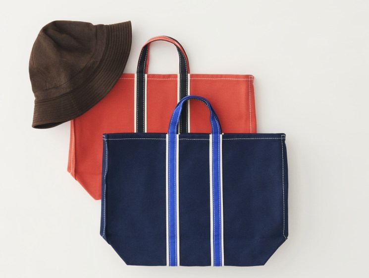 Brown bucket hat and canvas tote bags in navy and coral red arranged on white surface