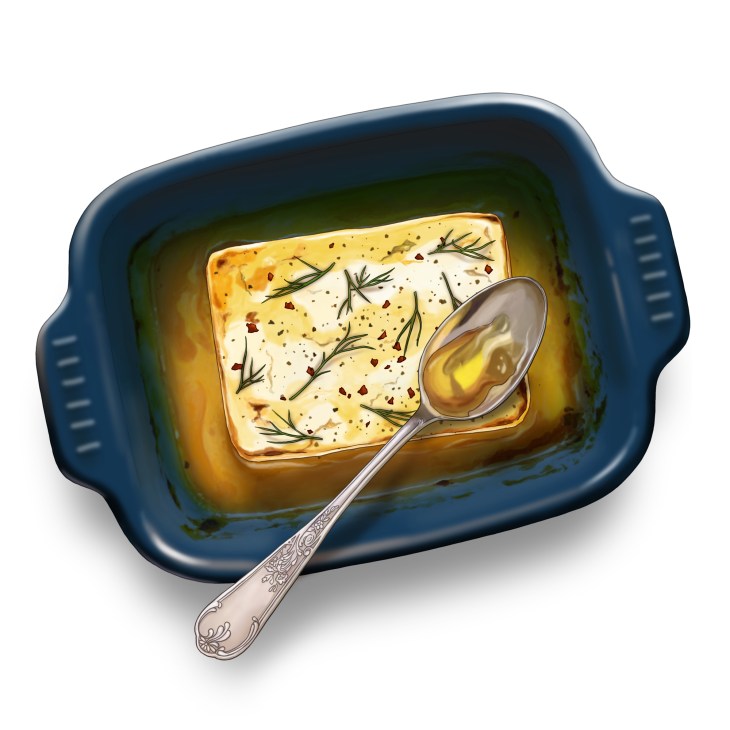 Honey-baked feta cheese topped with almonds and herbs on white plate