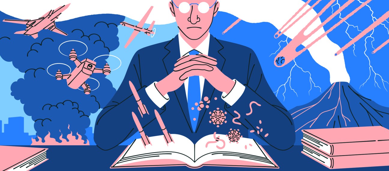 Illustration of a concerned man in a suit holding his hands over an open book surrounded by military imagery including planes, drones, missiles, and natural disasters.