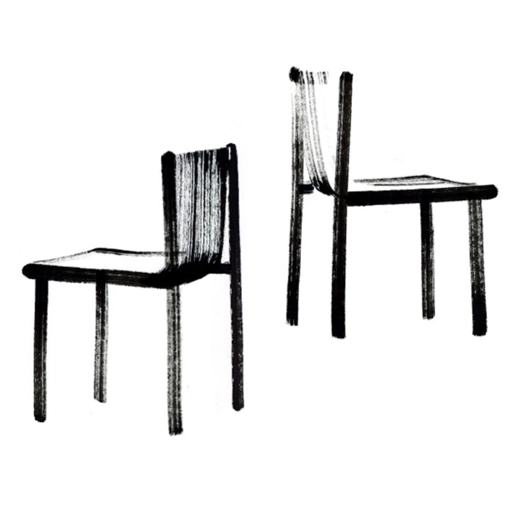 Black and white sketch of two minimalist wooden chairs with vertical slat backs and simple four-leg construction