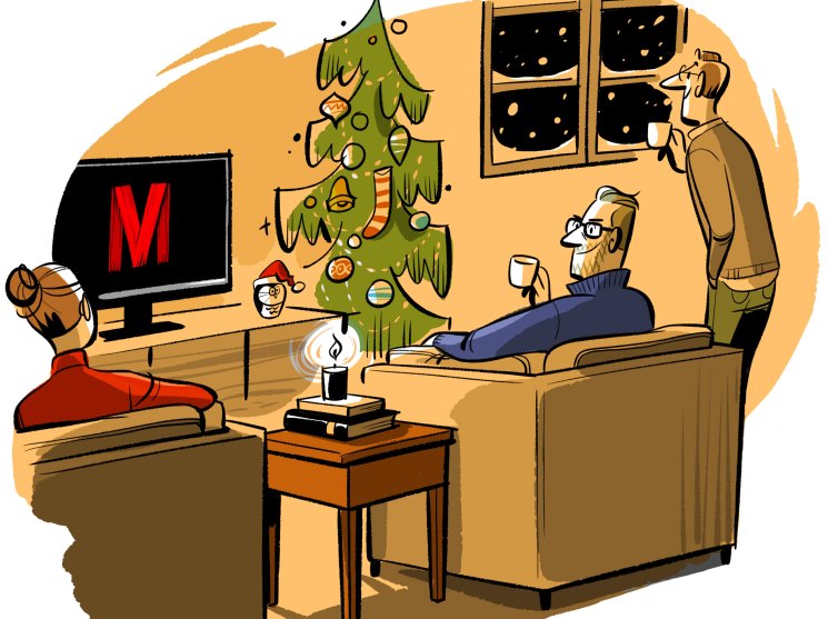 Illustrated Christmas scene with people gathered in a living room around a decorated tree and fireplace, with one person watching Netflix on a television.