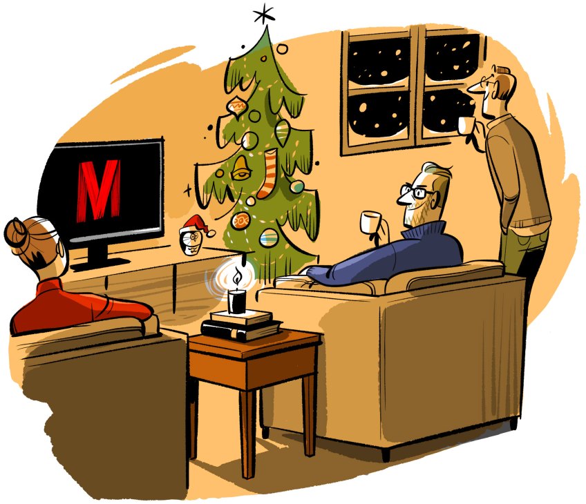 Illustrated Christmas scene with people gathered in a living room around a decorated tree and fireplace, with one person watching Netflix on a television.