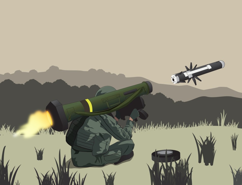 Illustration of a soldier firing an FGM-148 Javelin anti-tank missile launcher with a missile in flight above a landscape.