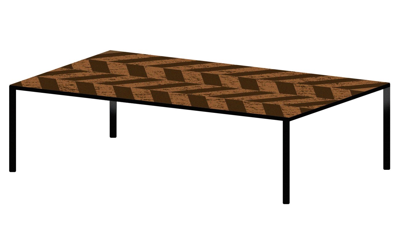 Vipp Table with cork inlay top and black metal legs, a minimalist dining or work table from Denmark.