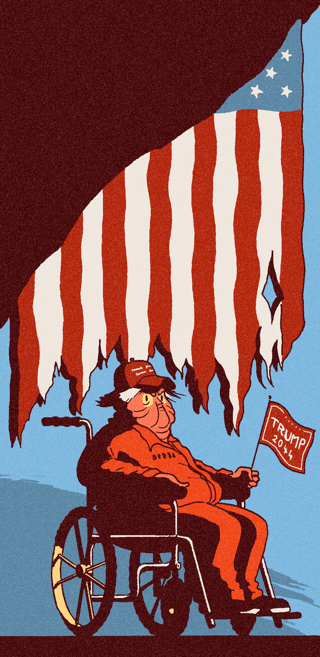 Illustration of a figure in a wheelchair holding a Trump 2024 flag beneath a torn American flag.