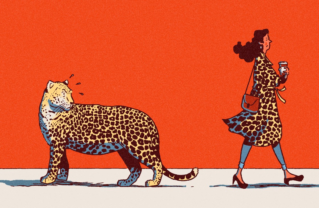 Illustration of a woman wearing leopard-print clothing walking a leopard on a leash against an orange background.