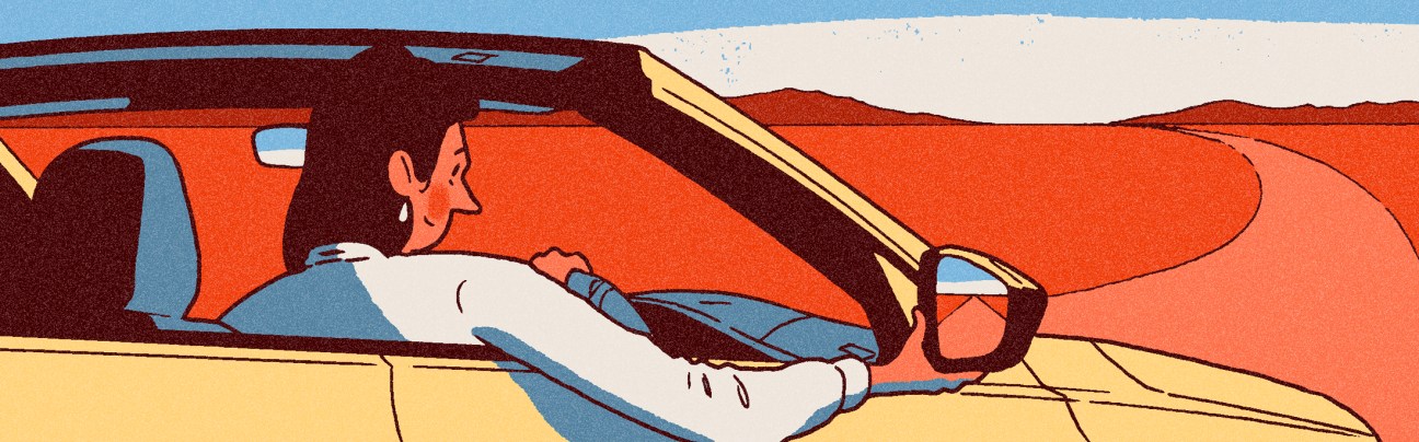 Illustration of a person driving a convertible car through a desert landscape.