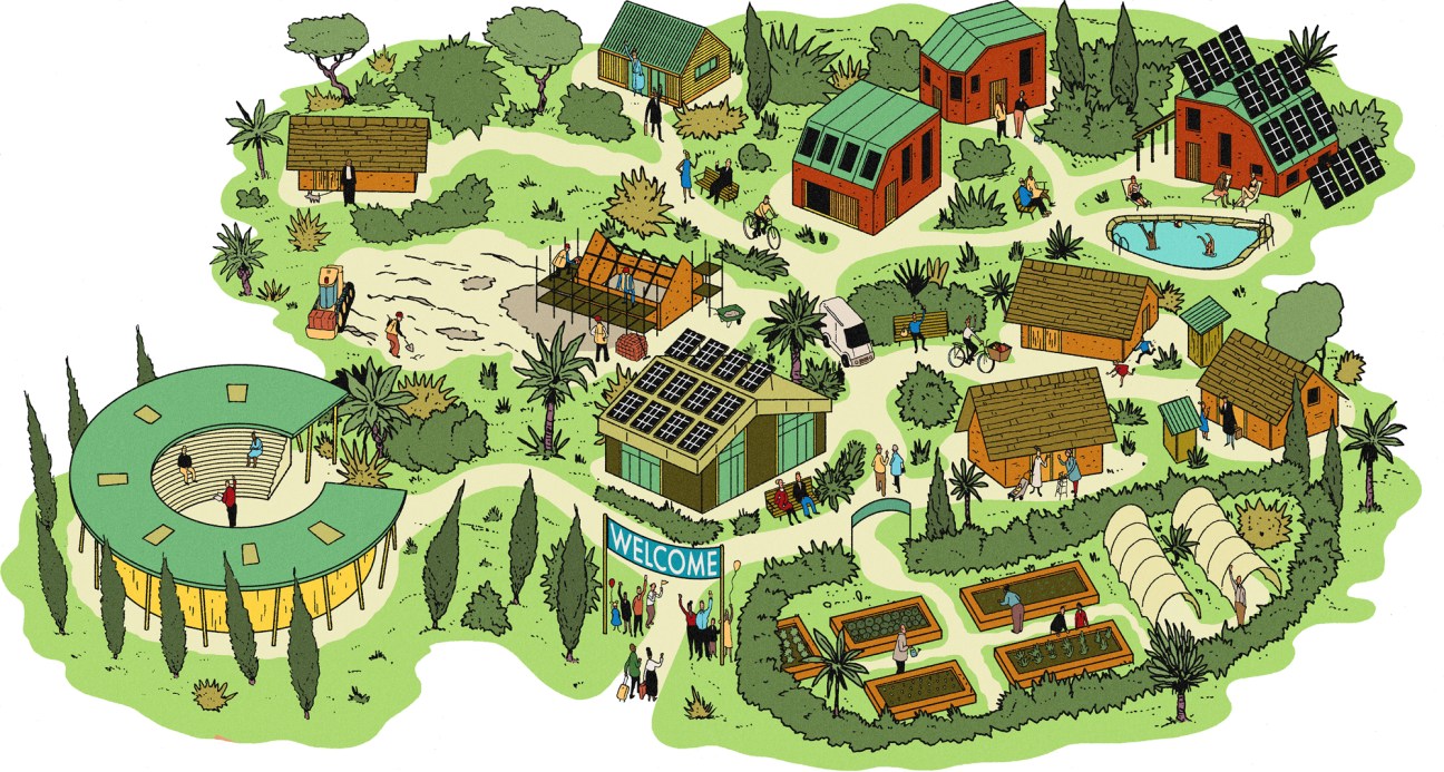 Illustrated aerial view of a modern kibbutz community with diverse housing, solar panels, gardens, and shared spaces