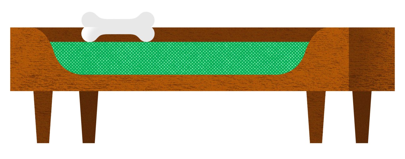 Modernica Case Study Canine daybed with green cushion and wooden base for office dogs.
