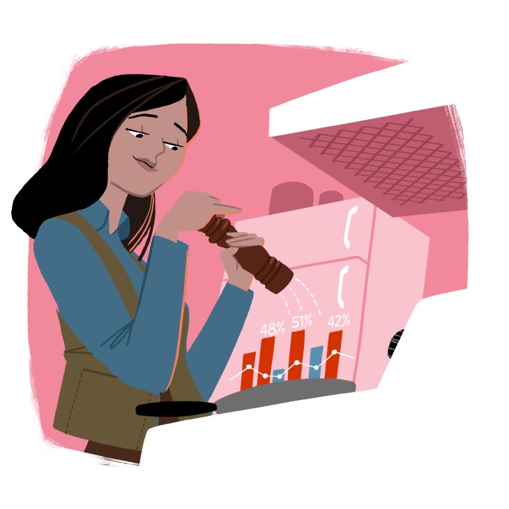 Illustration of a woman holding a chocolate bar with data charts in the background.