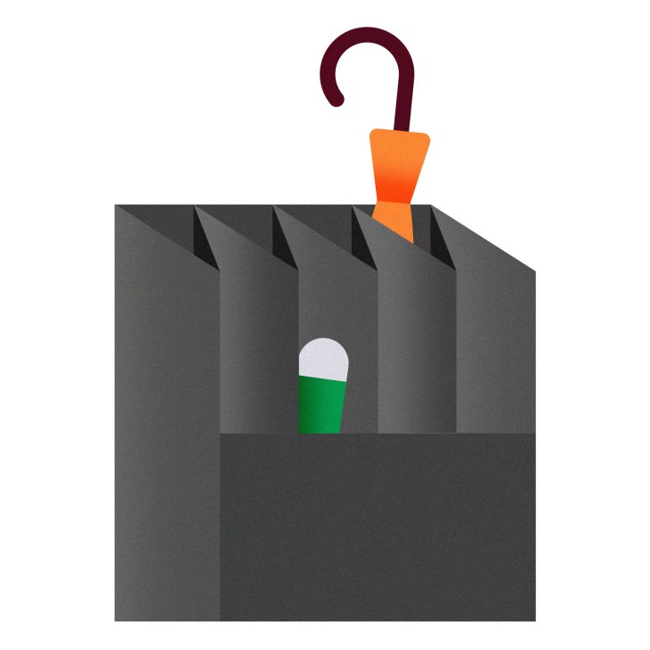Illustration of Mox Kant umbrella stand with zigzag compartment and orange handle against dark gray background.