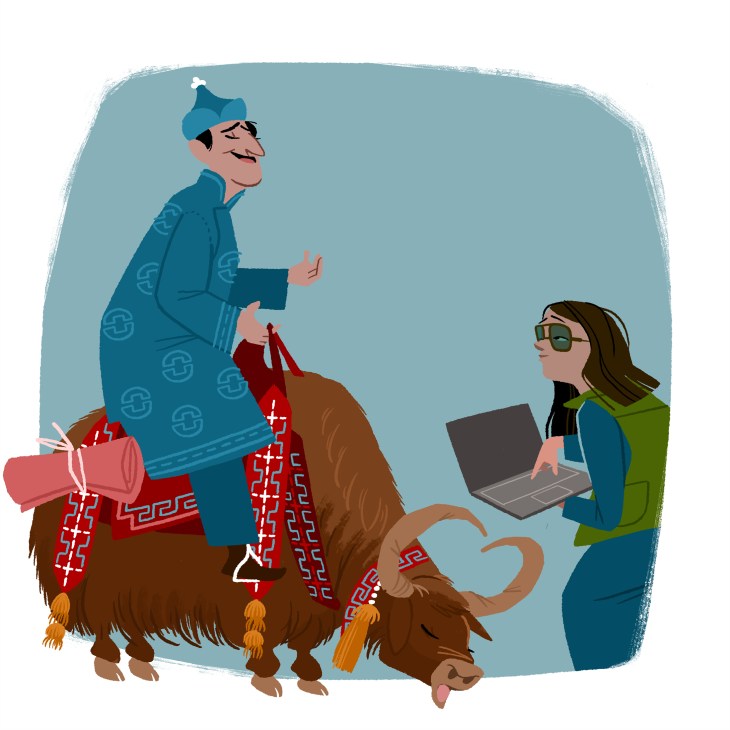 Illustration of a woman on a camel with a laptop meeting a man in traditional Mongolian clothing