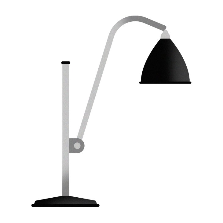 Gubi Bestlite desk lamp with grey metal arm and black dome shade on white background.